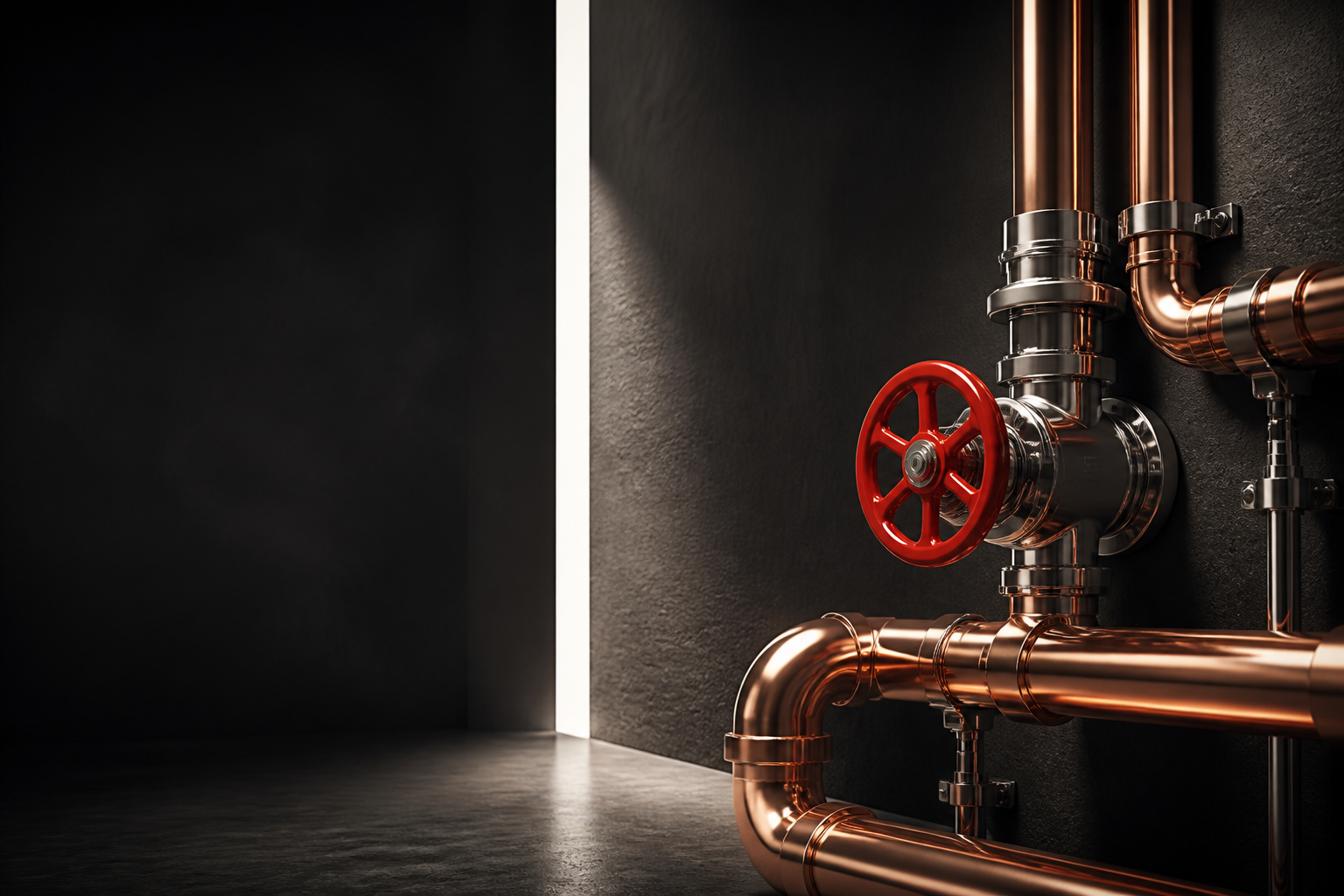Stylized copper plumbing system and red valve